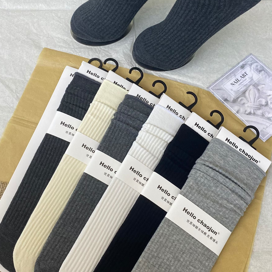 秋冬季女士纯棉中筒竖条纹防臭吸汗堆堆袜女款袜子