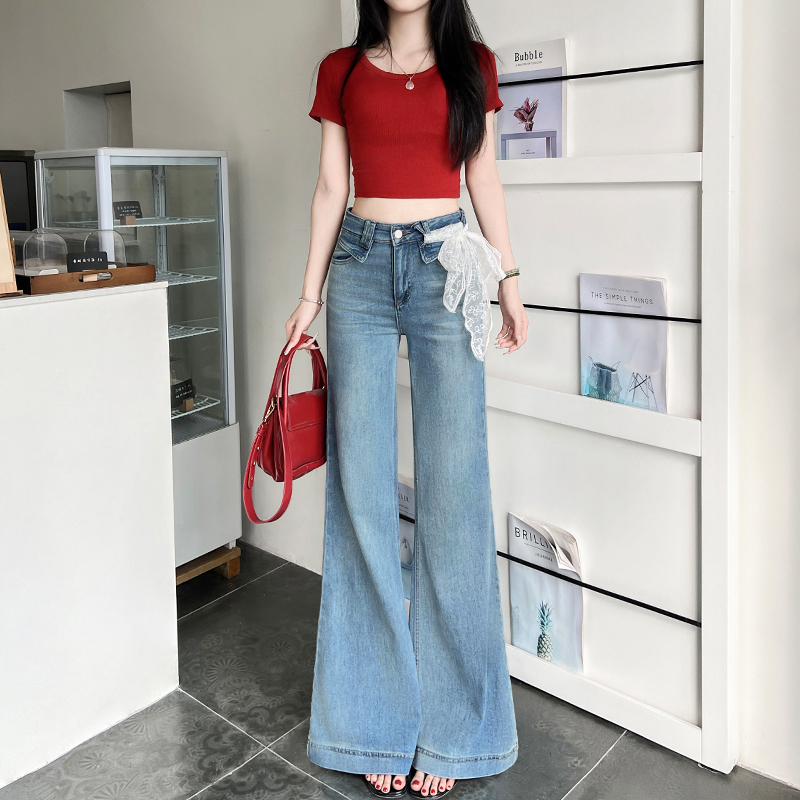 浅蓝高腰微喇牛仔裤女2025秋季新款显瘦显高弹力垂感小个子喇叭裤
