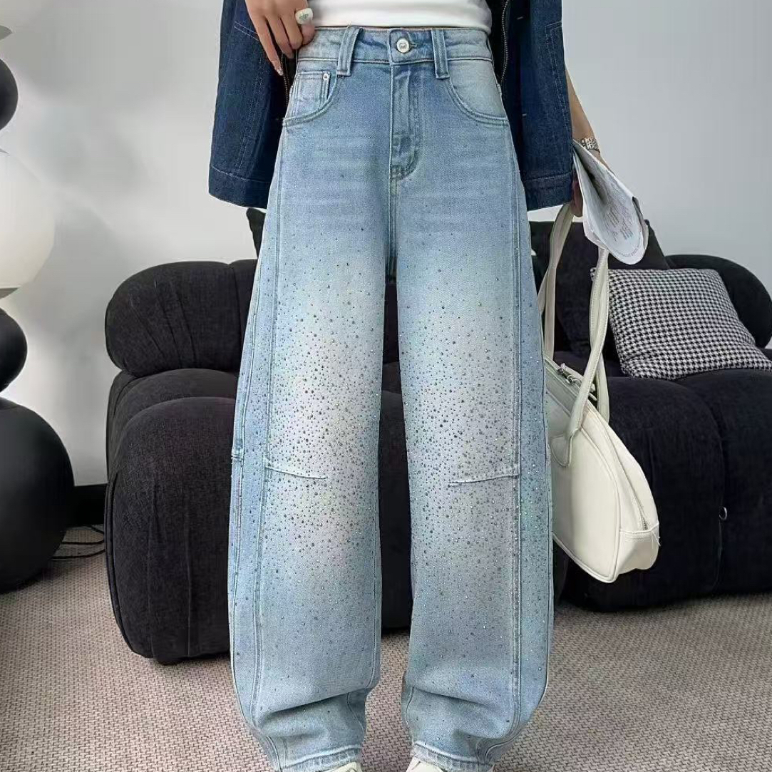 730(2026新款春款)浅蓝高温烫钻工艺弯刀裤