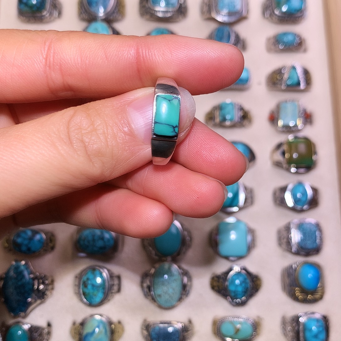 泥***流绿松石银S925镶嵌戒指