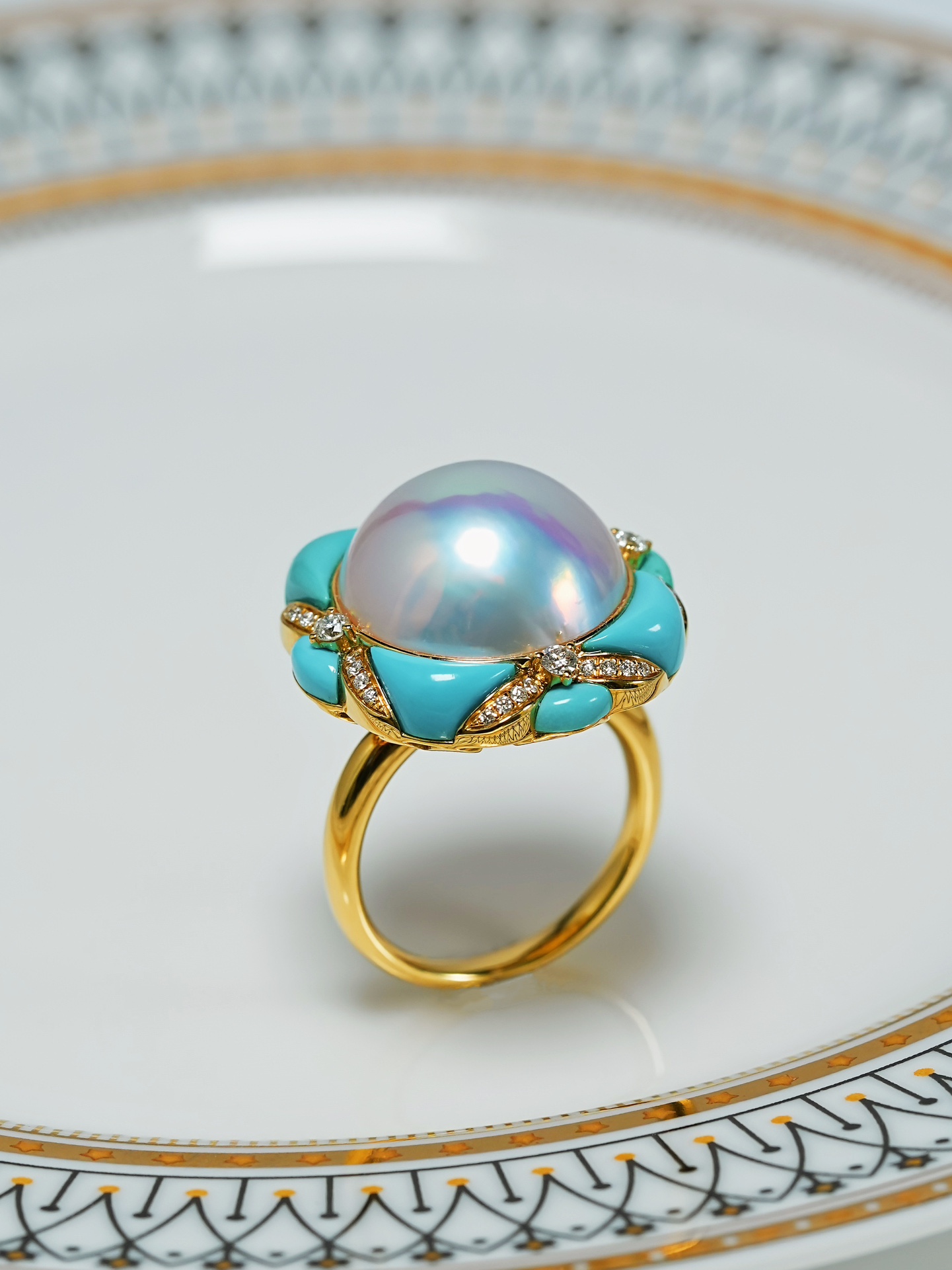 美珍真 18K金镶嵌钻石 绿松石 海水马贝珍珠戒指 15-16mm 复古