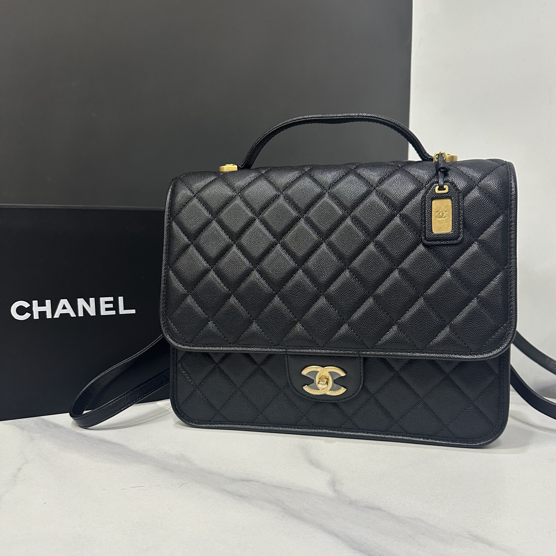 99新 Chanel/香奈儿 22K黑金鱼子酱双肩包芯片30cm/0995121108