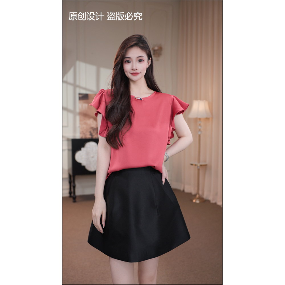 宁宁·夜宴玫瑰·夏季新款法式圆领气质花边袖显瘦短袖T恤-