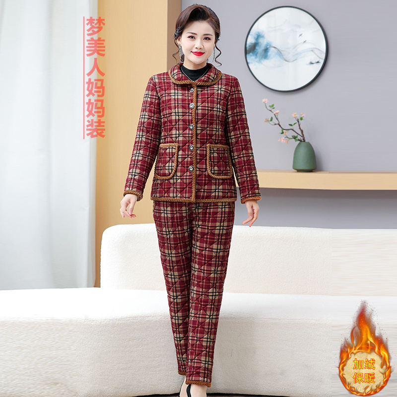 新款加绒加厚格子套装抗寒保暖时尚显瘦两件套中老年妈妈装