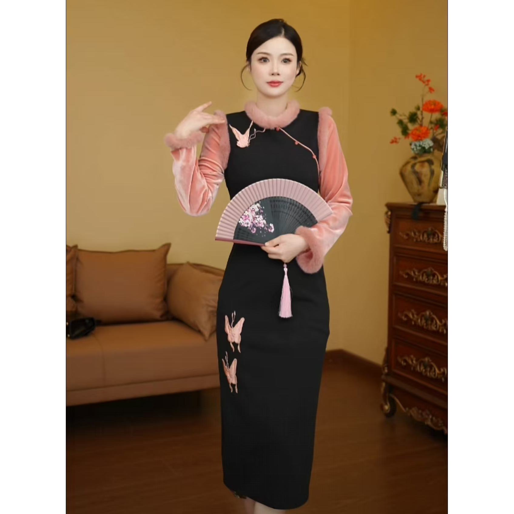 【利姐专属】【加绒加厚】新中式蝴蝶复古2025秋冬国风连衣裙TX0260