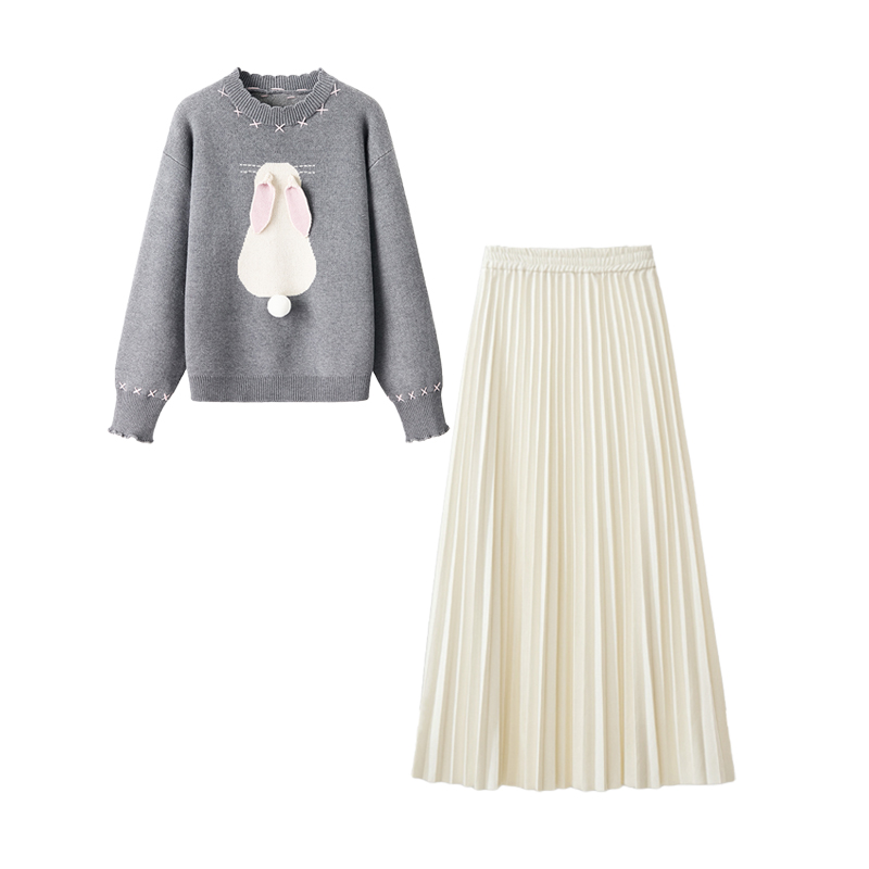 秋冬穿搭一整套女新款设计感针织毛衣百褶半身长裙子两件套装2810
