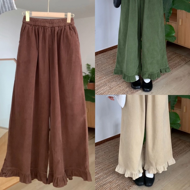 2497 “麦冬茶”3色～森系复古灯芯绒高腰休闲花边阔腿裤