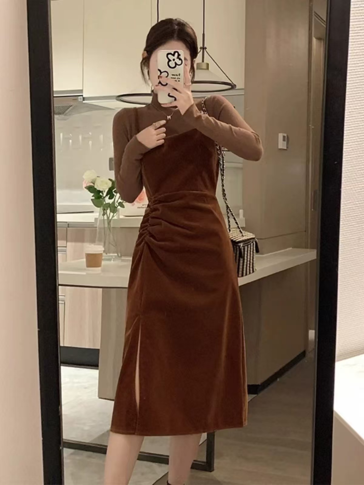 休闲风静奢风时尚套装修身长裙包臀开叉长款轻熟时尚收腰套装