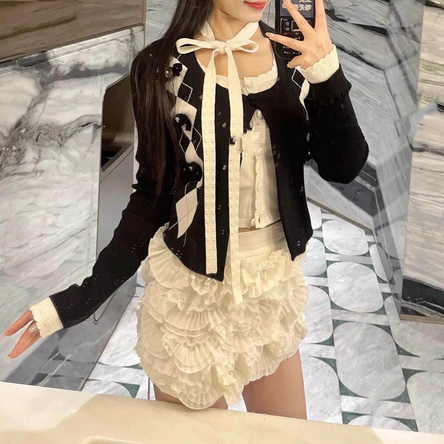 【DÉ MYSTÈRE】时尚洋气摩登撞色飘带针织修身假两件上衣女GCR68117