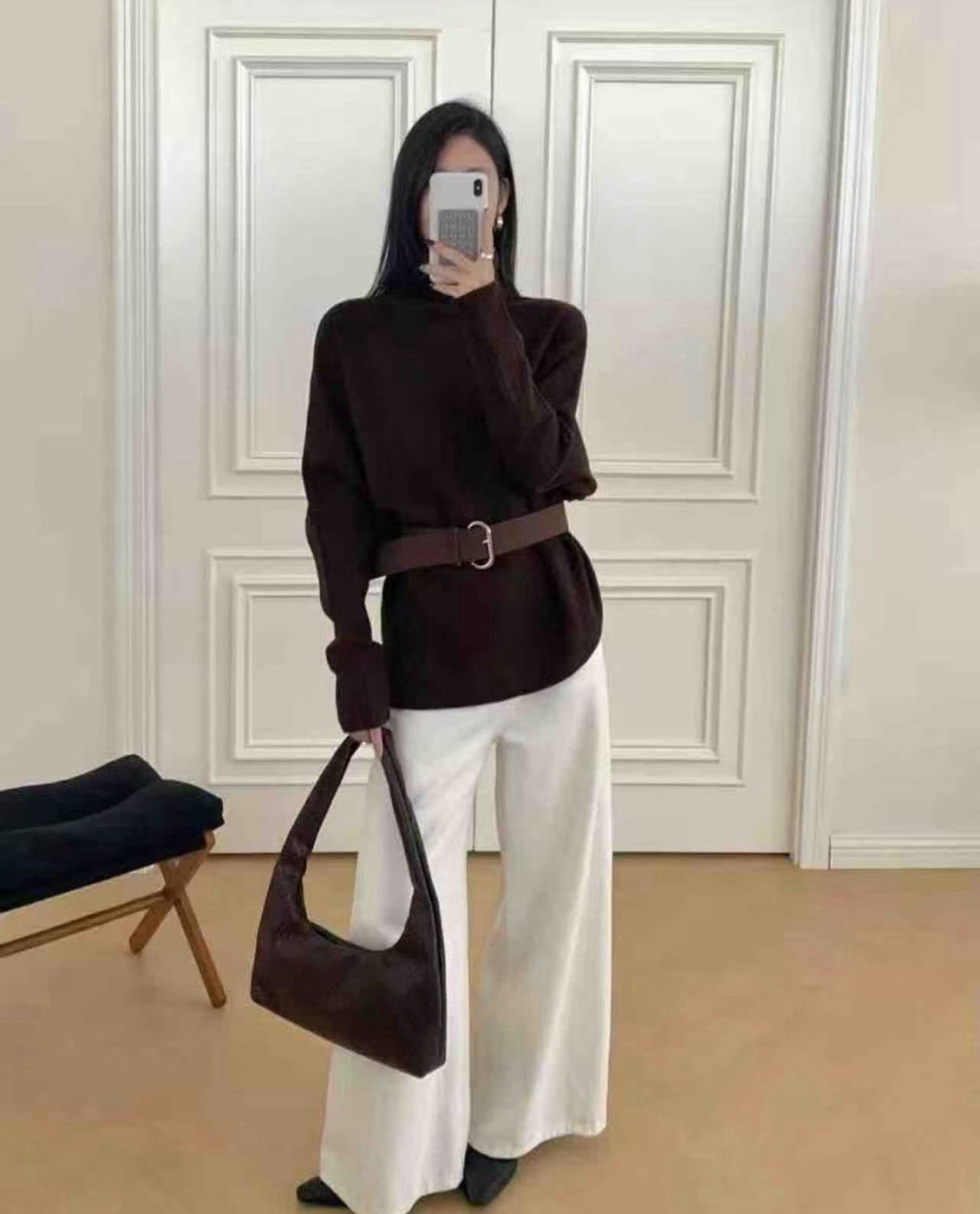 【3989】新#高领斜边蝙蝠袖针织上衣