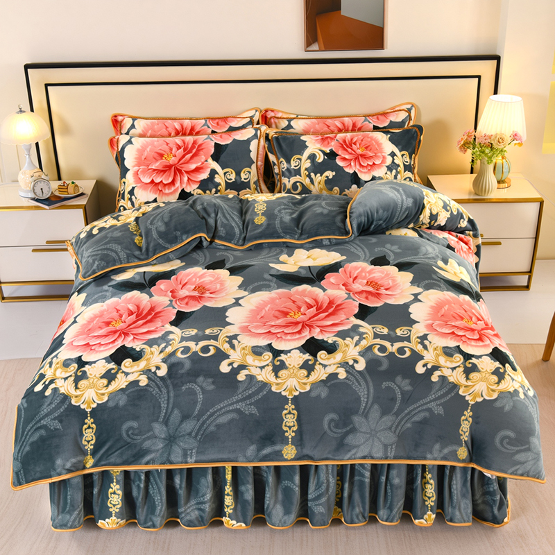 珀宝利秋冬床裙款高克重印花牛奶绒法兰绒四件套加厚保暖加绒被套