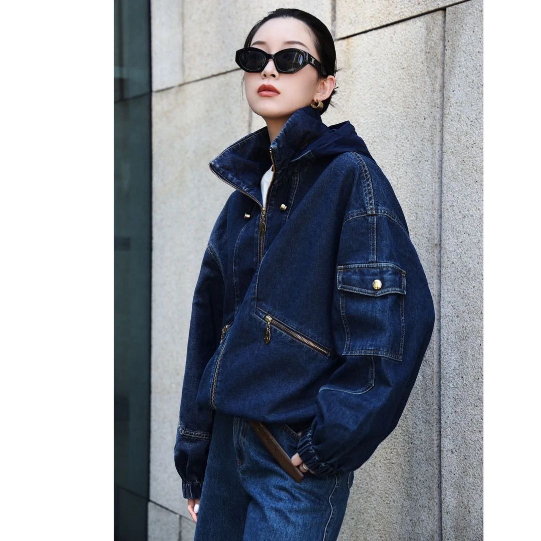 【官方授权】新款极简百搭拉链落肩袖新潮带帽牛仔夹克外套540030