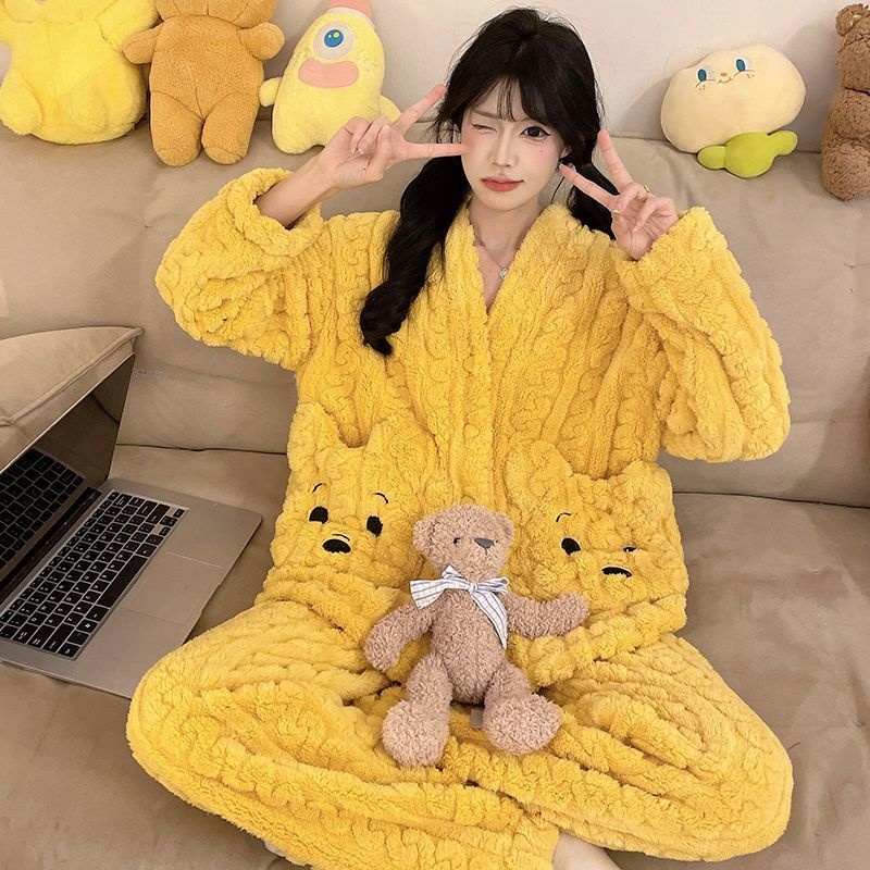 【口袋小熊】珊瑚绒加绒加厚冬季睡衣女套装加绒加厚家居服套装