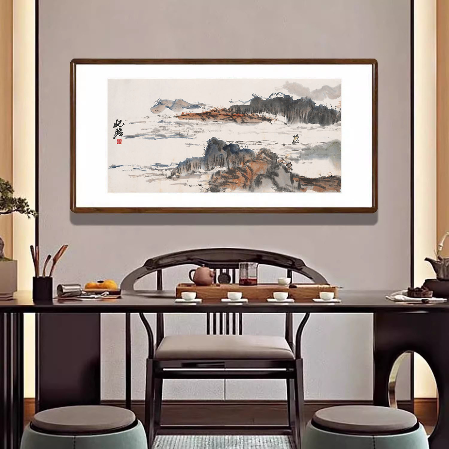 归帆山水画新中式横版装饰画客厅国画水墨画办公室沙发背景墙挂画
