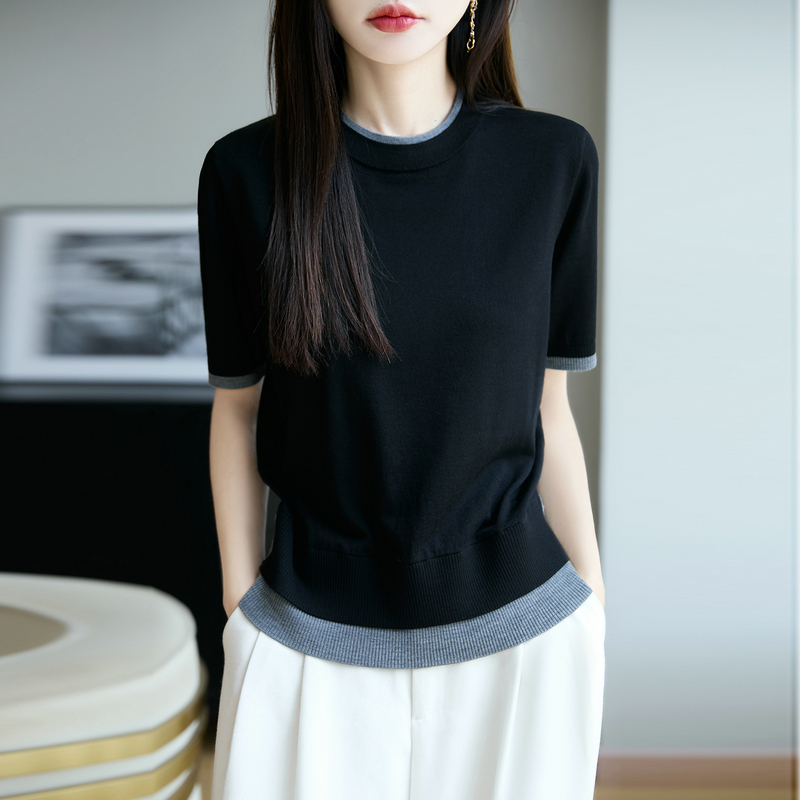 纯羊毛圆领短袖女拼色针织打底百搭撞色毛衣半袖精细薄款T恤秋冬