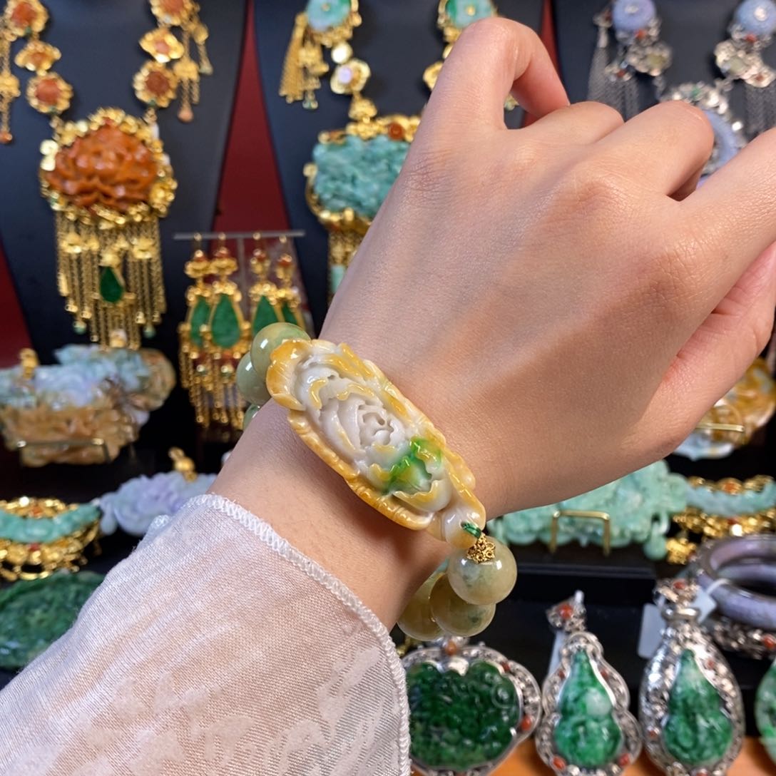 翡翠手链未镶嵌牡丹花手牌手串 亏清