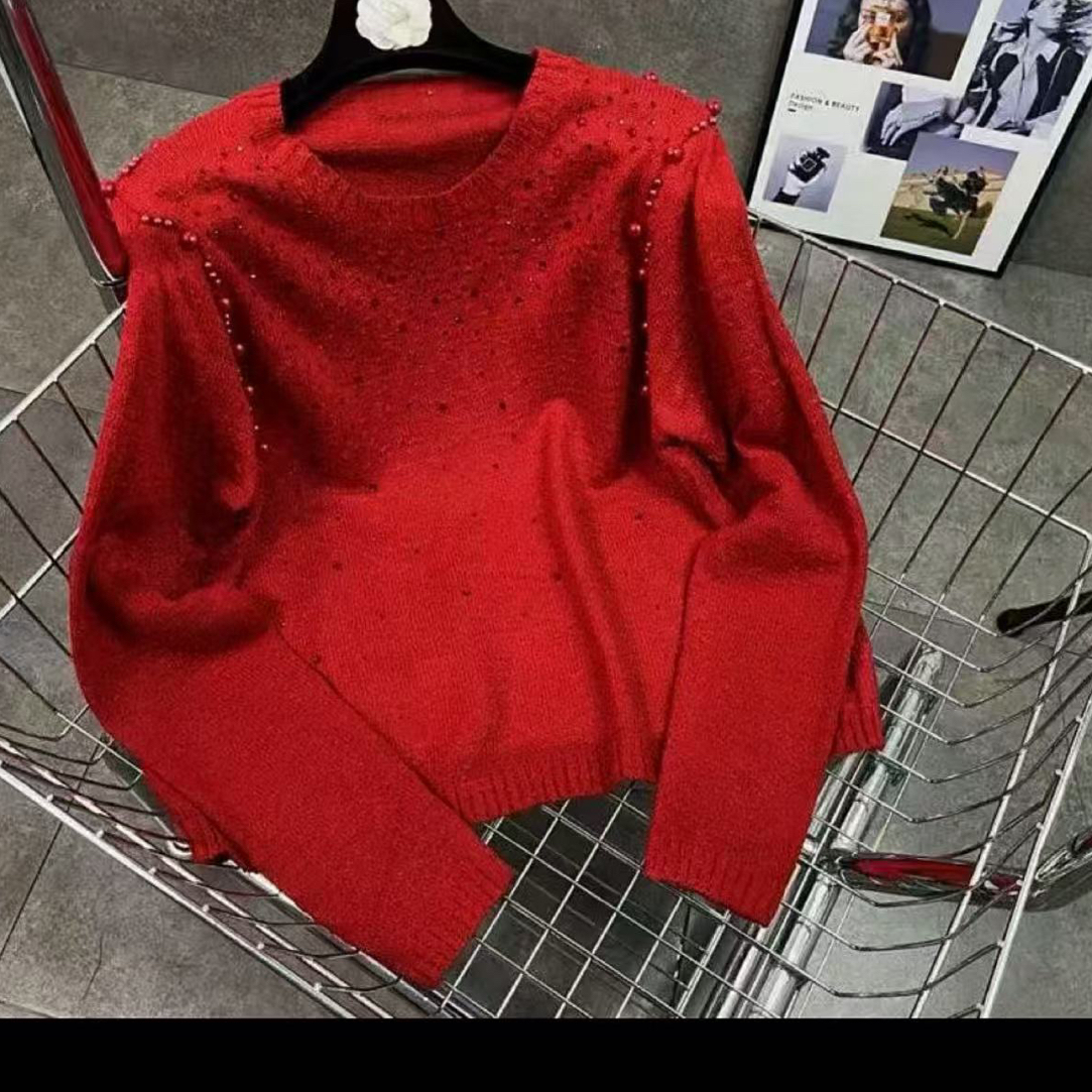 1234新年红重工钉珠烫钻圆领长袖针织衫毛衣女宽松显瘦上衣