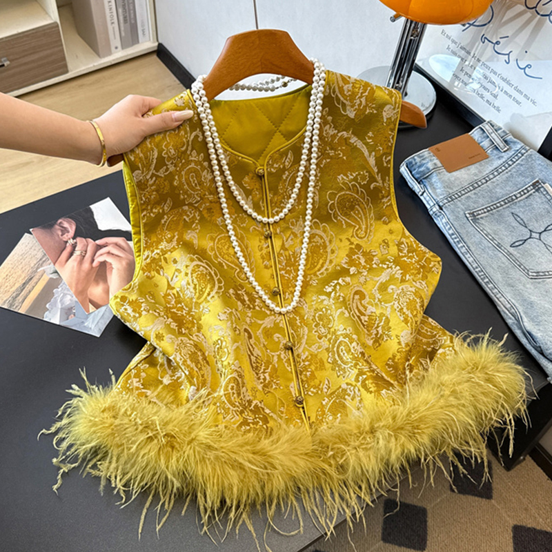 毛毛盘扣坎肩新中式国风马甲背心秋冬夹棉马夹重工提花叠穿上衣