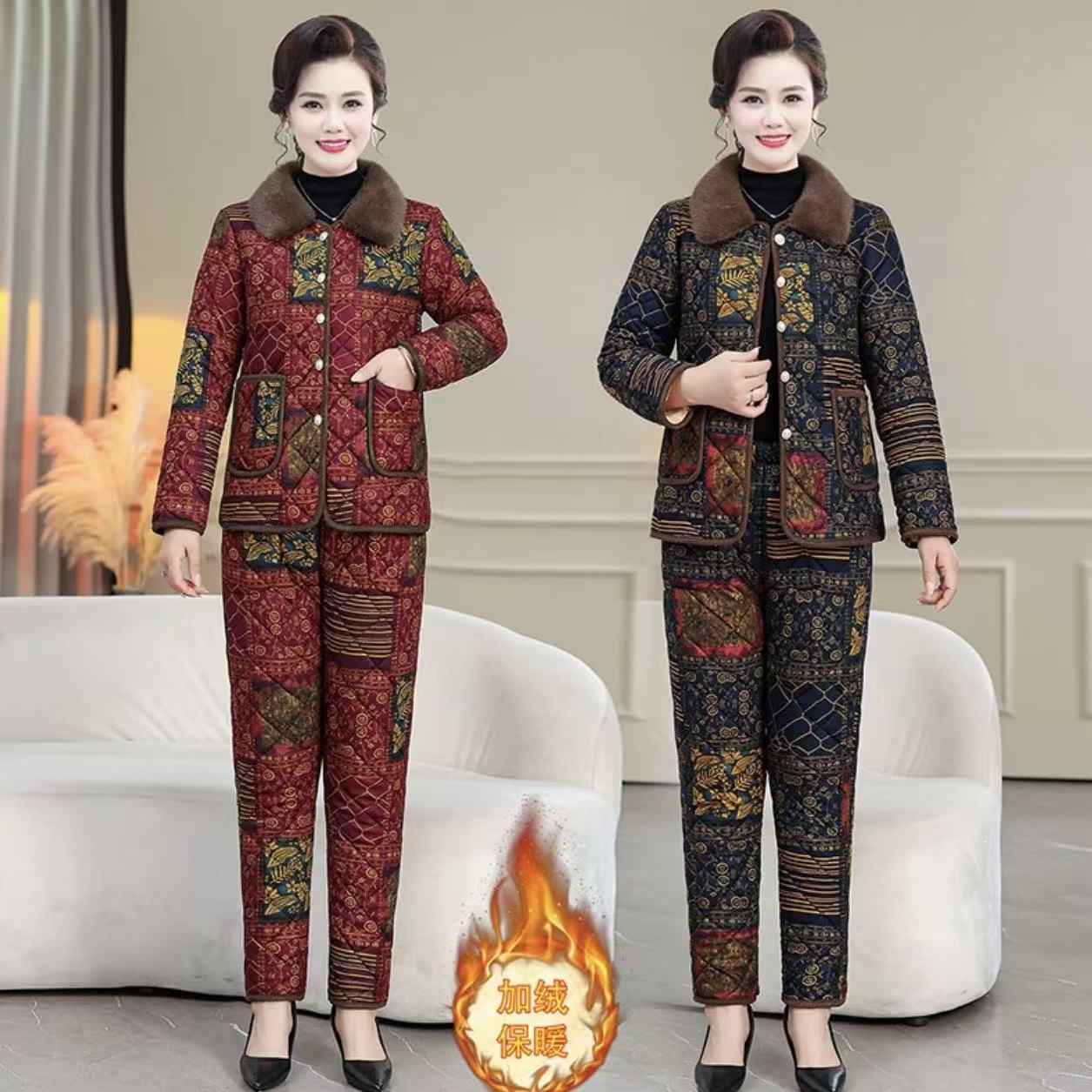 新款冬季妈妈装加厚棉衣棉裤套装中老年加绒保暖棉袄棉服两件套88