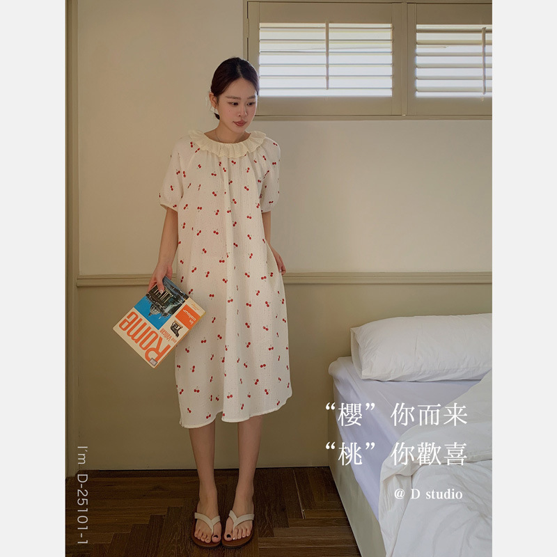 杜小宅夏日荷叶边棉纱裙女双层棉纱圆领短袖休闲睡裙宽松中长裙子