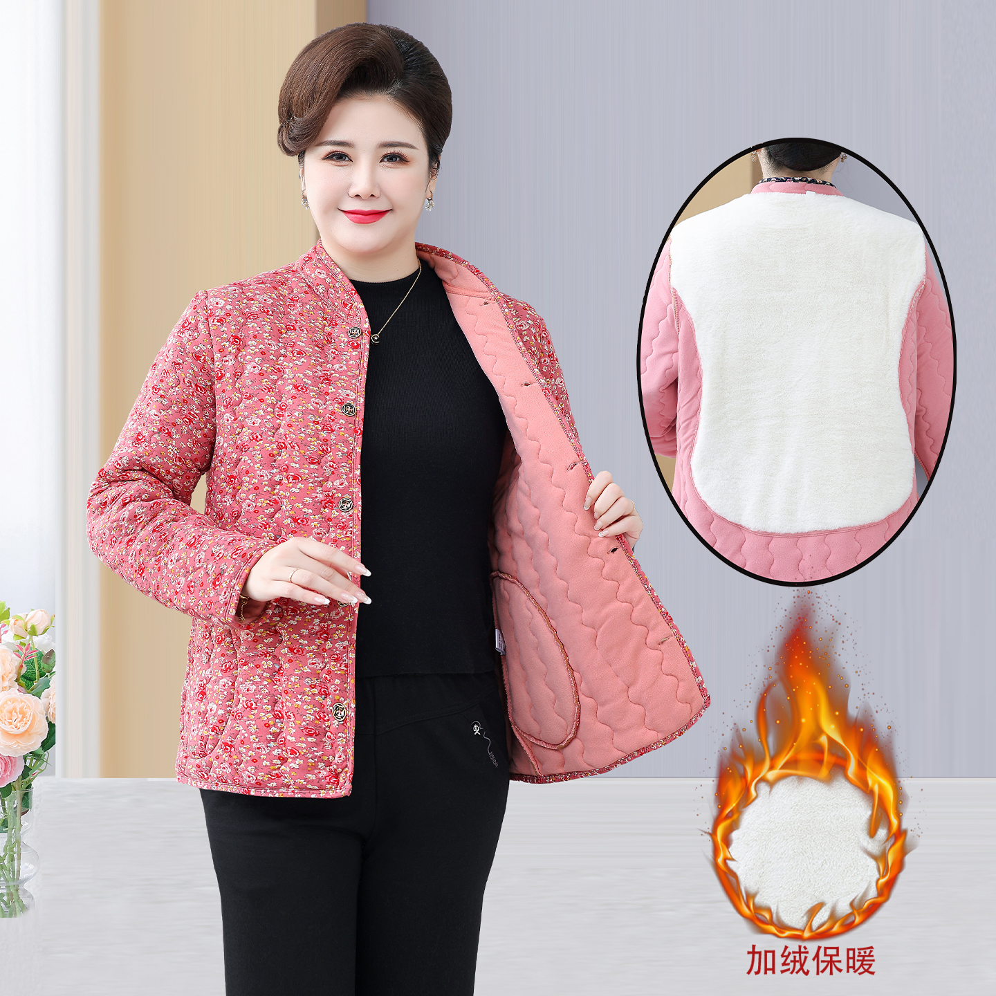  新款妈妈加绒棉袄外套棉衣碎花中老年奶奶冬季保暖棉服外套上衣