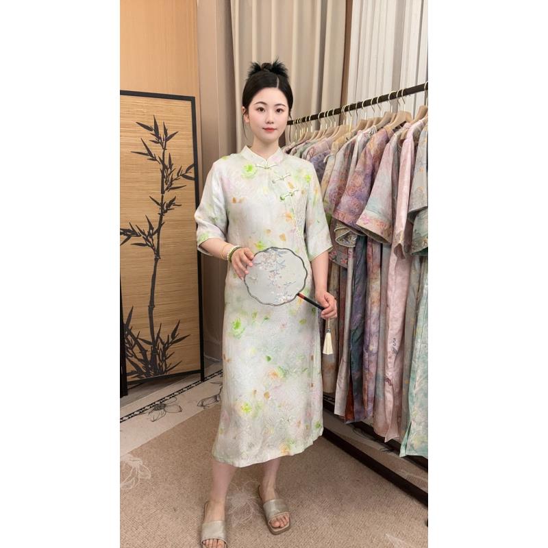 【白月光】夏季高端时尚气质印花复古中长款新中式日常女装连衣裙