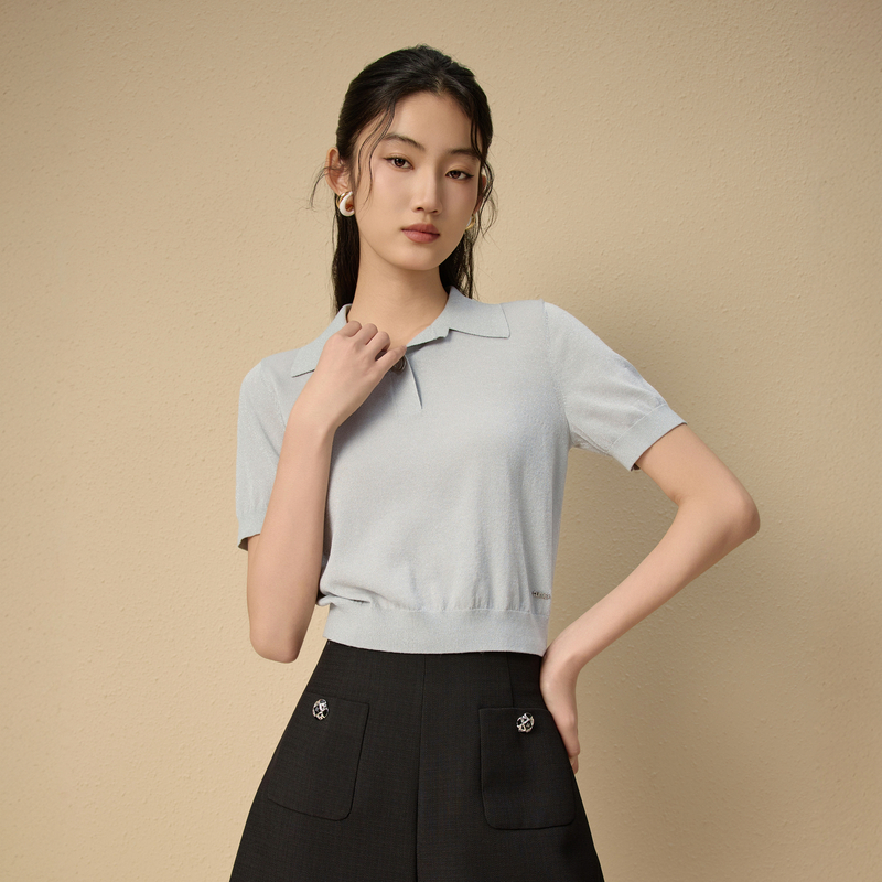 LIME/莱茵【寻觅】夏季静奢风翻领针织套头衫灰白色LDGB4BKPR009