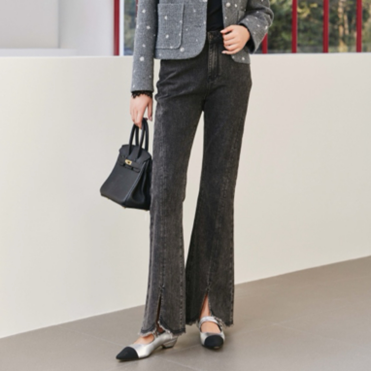 俪妍LIVELY•YAN2025春款新品灰色牛仔喇叭裤17946