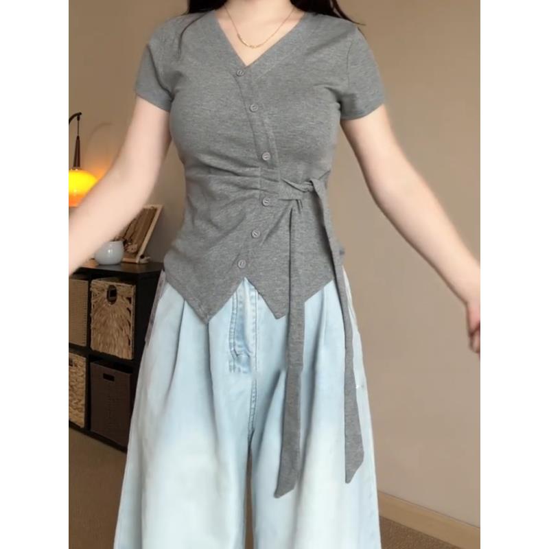 棉不规则v领正肩短袖t恤女夏季大码胖mm修身显瘦设计感绑带上衣