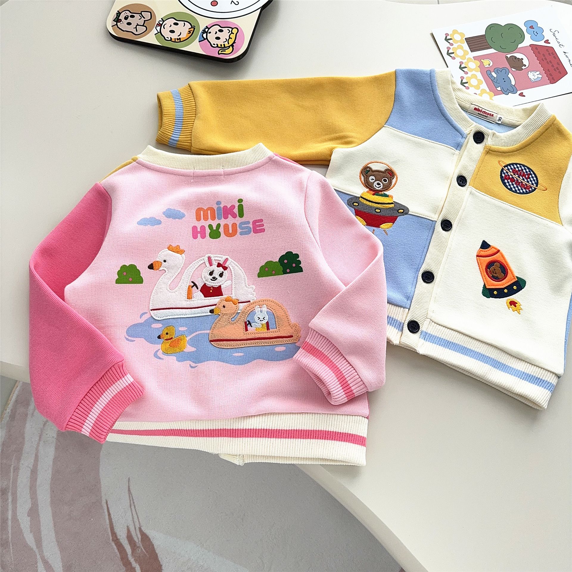 外贸25春新日系男女儿童小熊兔拼色冒险王棒球服卡通休闲外套7022