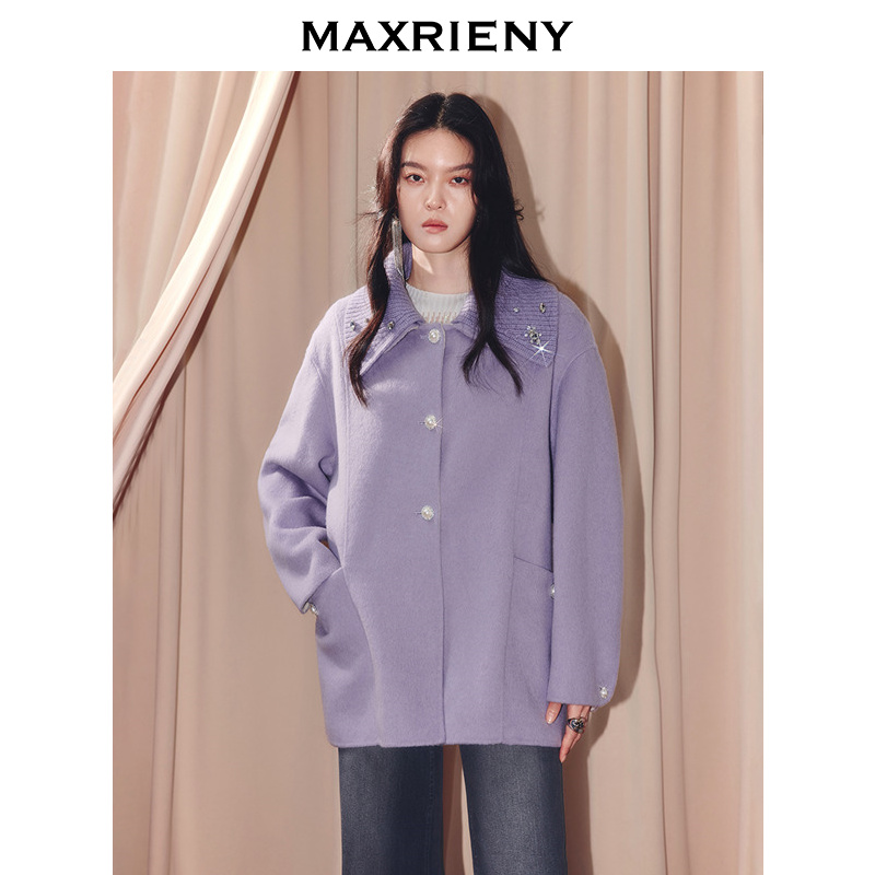 MAXRIENY慵懒感穿搭毛织领羊毛大衣女25冬款亲肤软糯双面呢外套