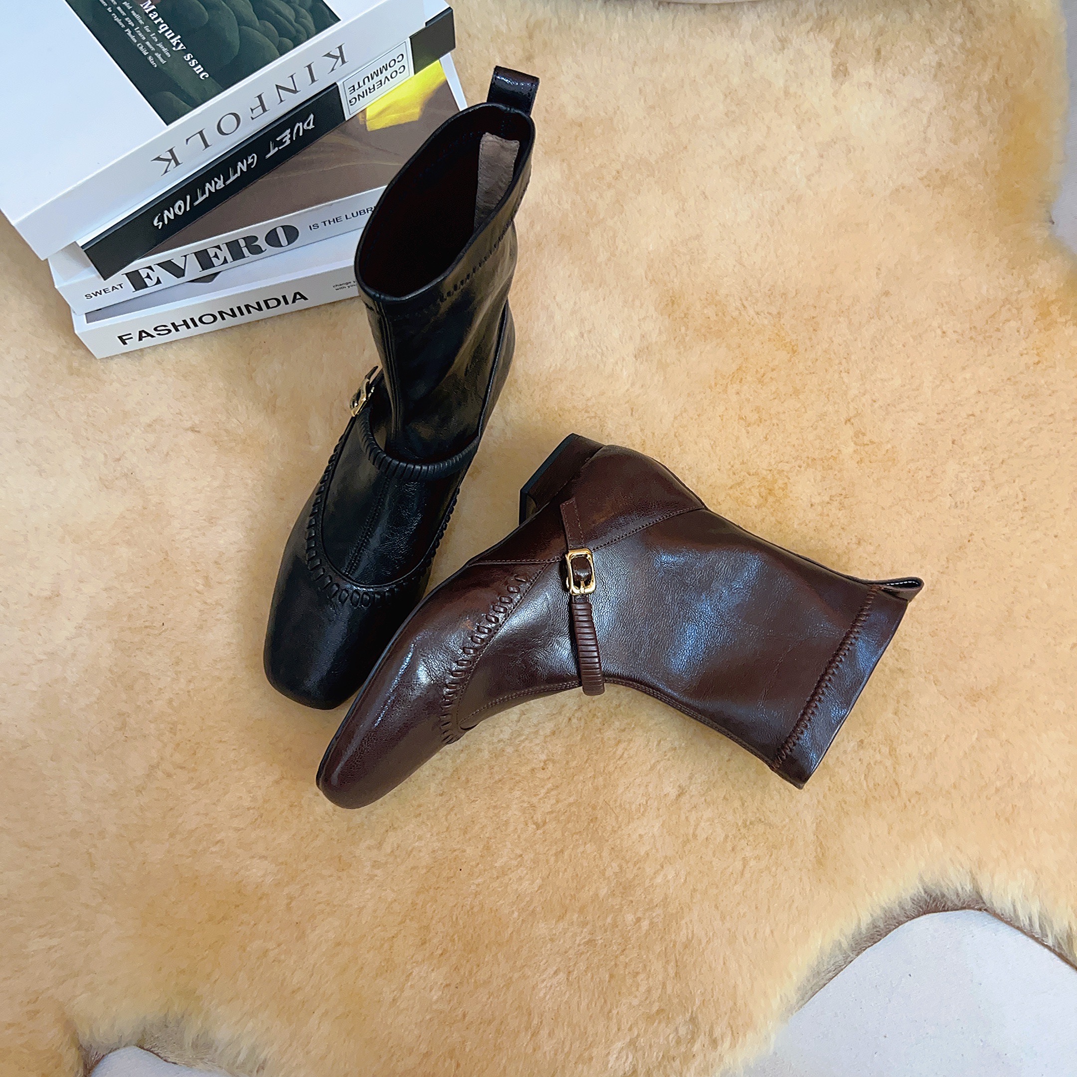 冬季新款真皮气质百搭时尚编织带方头粗跟瘦瘦靴女靴X234