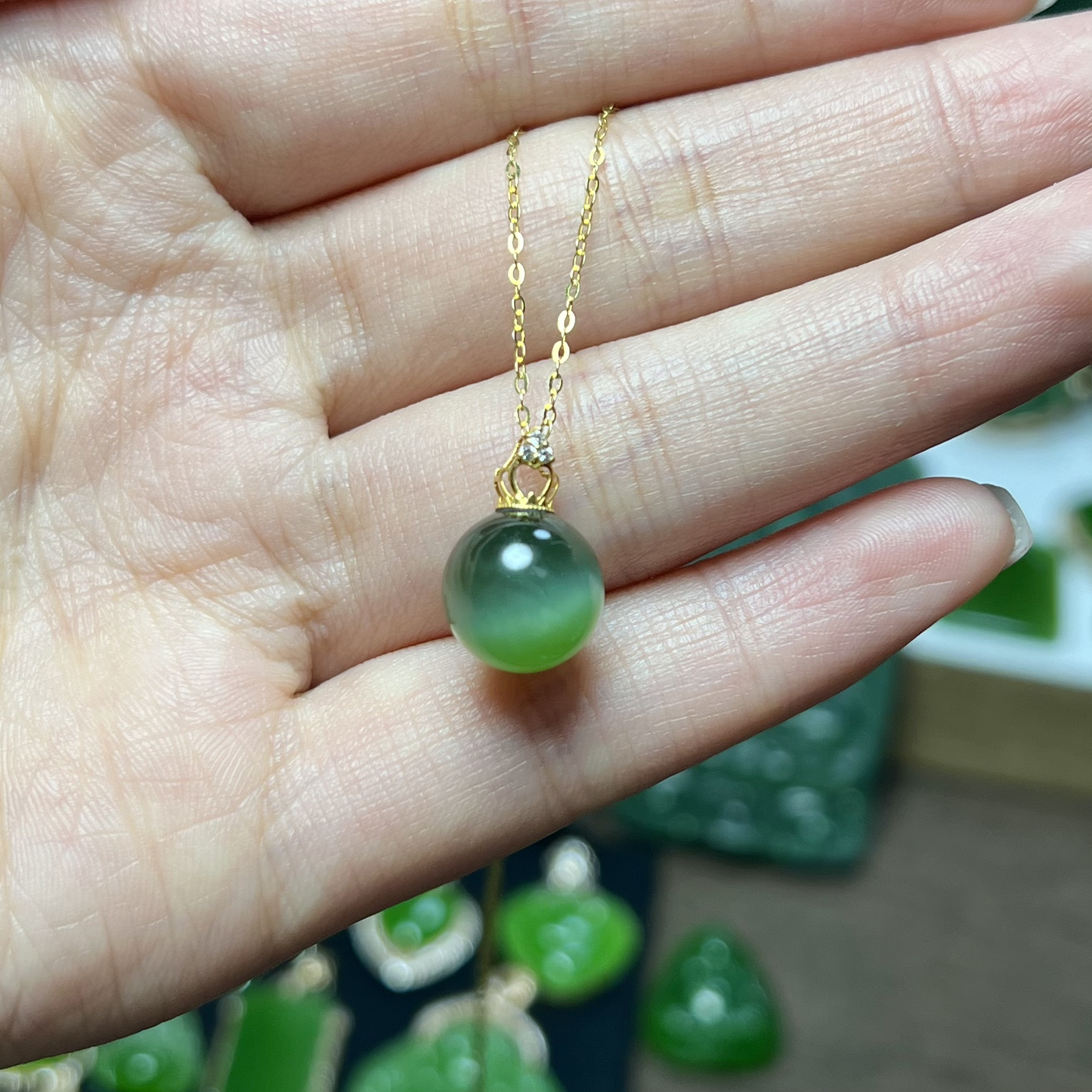 和田玉碧玉18K金镶嵌猫眼单珠吊坠