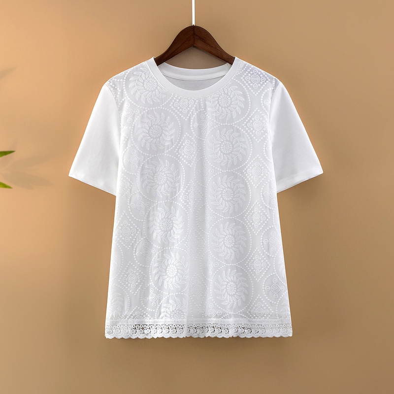 【云柔】夏季2025新款上衣小衫女新中式国风圆领提花白色短袖T恤衫