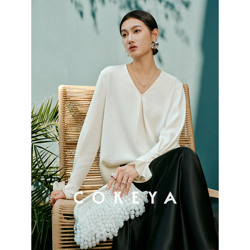 COKEYA/奢柔“衫”~22姆米重绉真丝经典法式优雅V领衬衫春夏