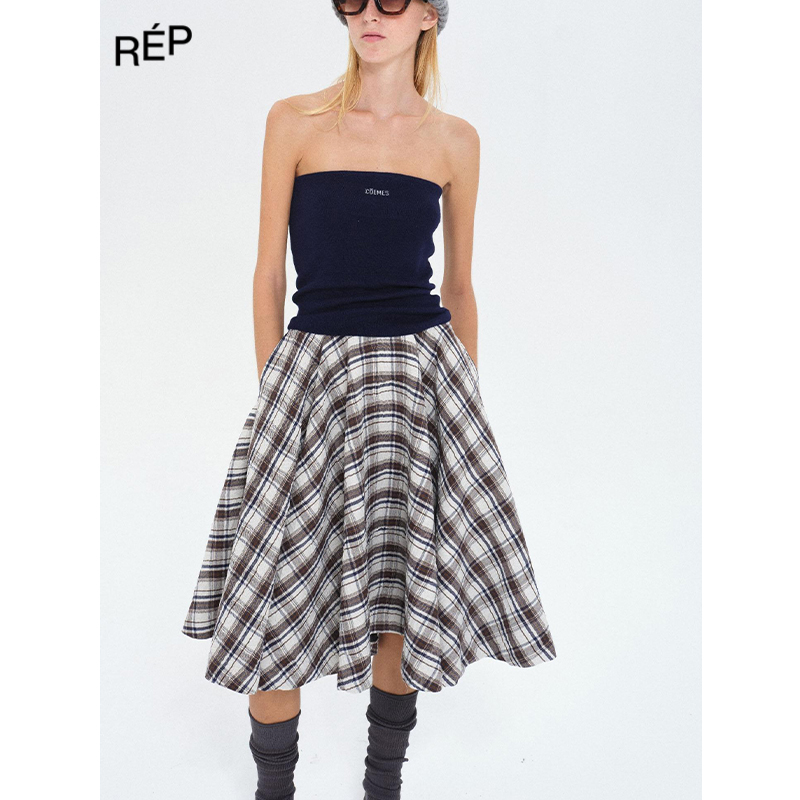 REP-COEMES设计师品牌蓝咖格纹低腰A字伞裙 25SEP PACKAGE新款