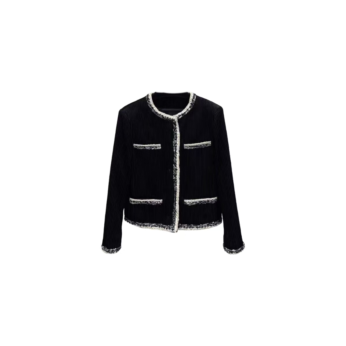 DC228 黑色竖条纹长袖圆领纽扣外套