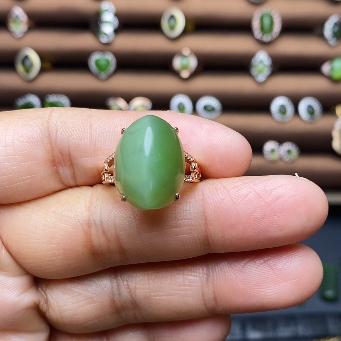 吊坠(不含链)银S925镶嵌和田玉（碧玉）戒指