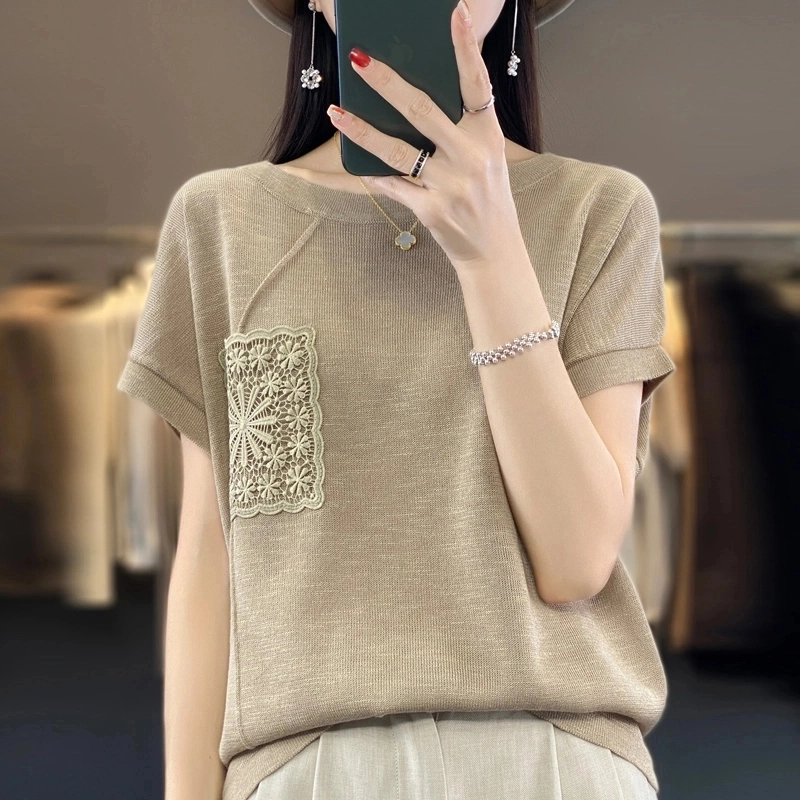 清凉透气～竹节麻钩花刺绣短袖宽松显瘦百搭垂顺T恤圆领针织短袖