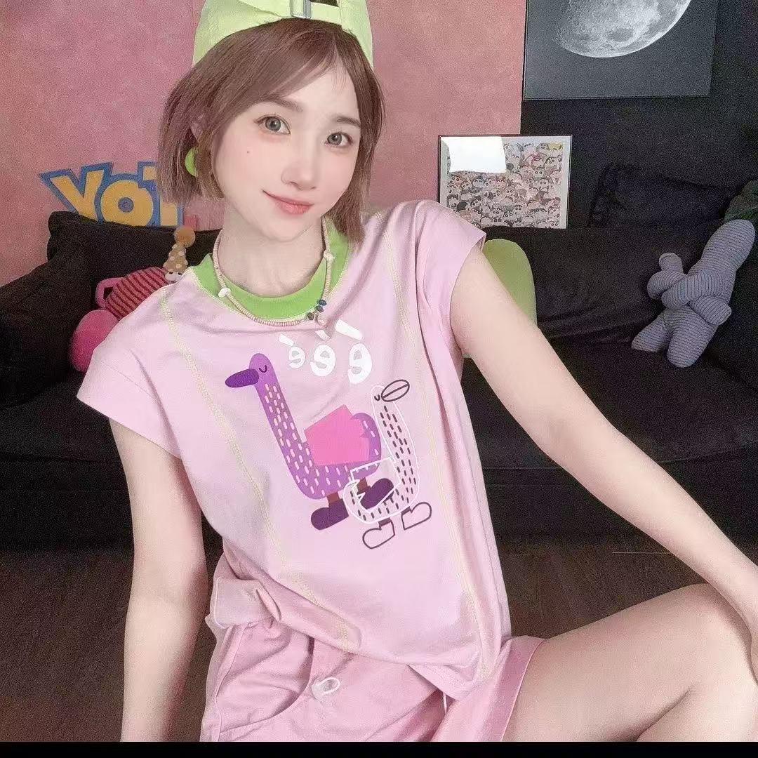 【鹅鹅鹅】夏季嘎嘎鸭休闲百搭明线冚线撞色数码印宽松T恤女