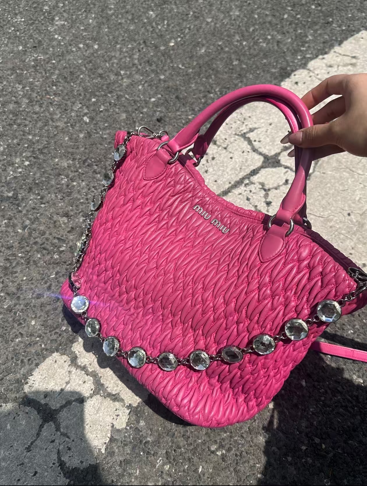 99新 MIU MIU/缪缪 蔚蓝/粉色 褶皱羊 经典宝石包 链条包