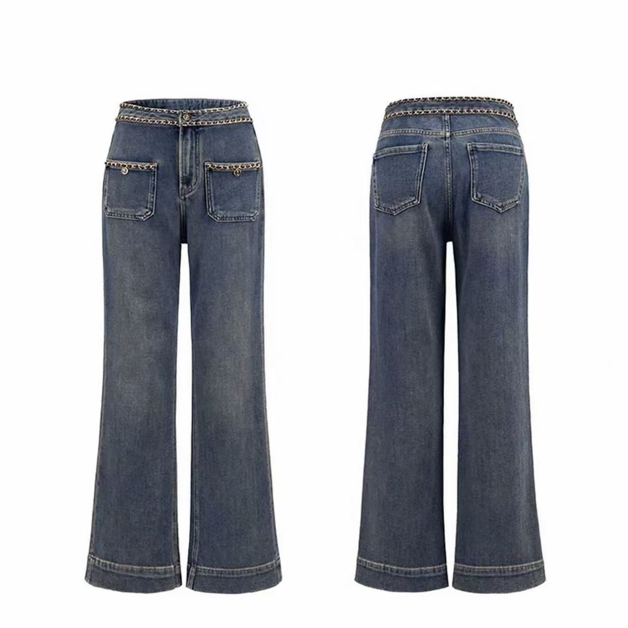 H 复古链条弹力直筒裤