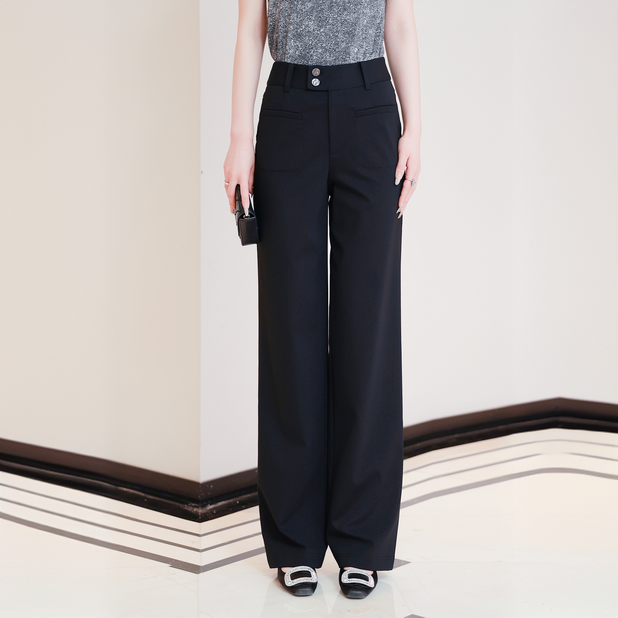 哥弟 夏季高腰经典黑色百搭时尚通勤垂坠直筒西装裤小黑裤110019