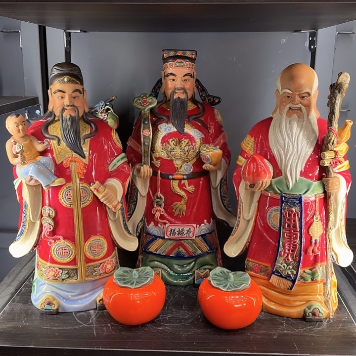 泥塑福禄寿石湾陶瓷摆件