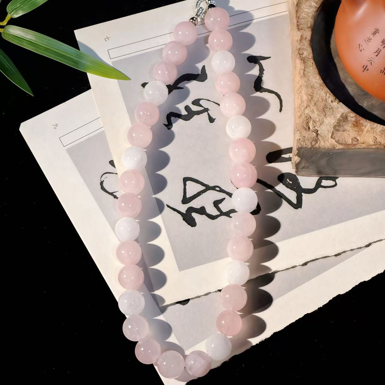 天然粉水晶白幽灵项链 超大颗14-15mm（带证书）