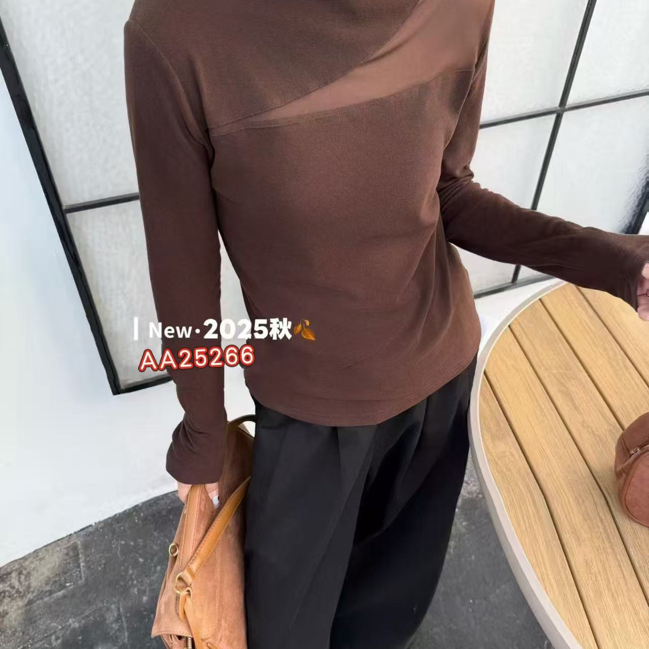 宽松型半高领长袖女拼接网纱T恤网红修身秋冬圆领