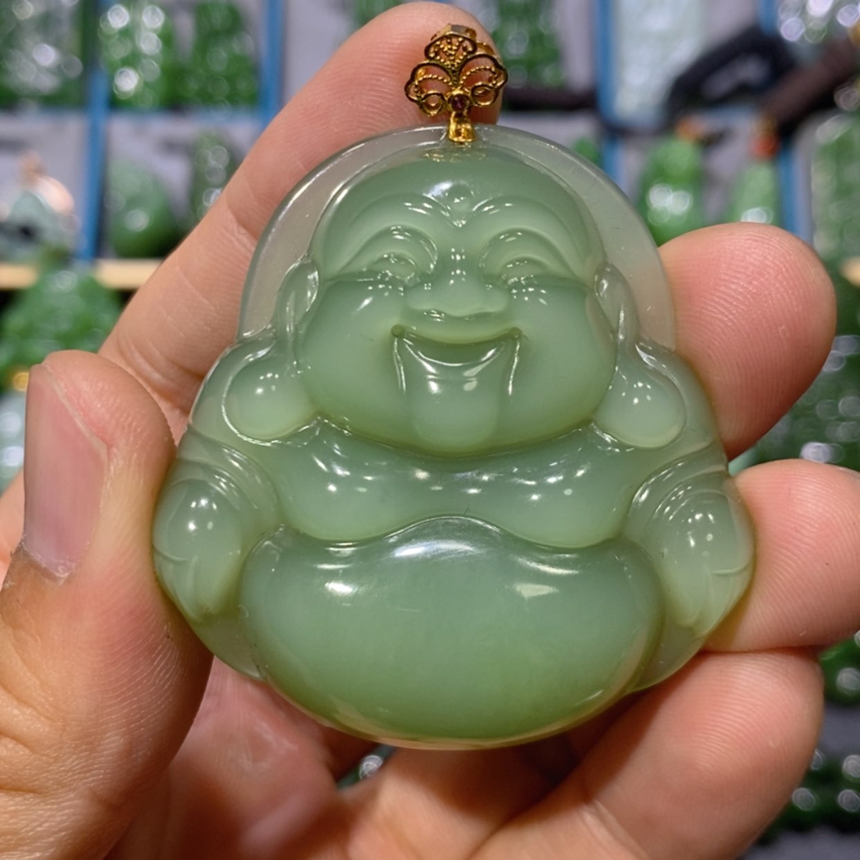 【闪购商品】和田玉吊坠(不含链)18K金镶嵌粉青猫眼佛公 46/48/11