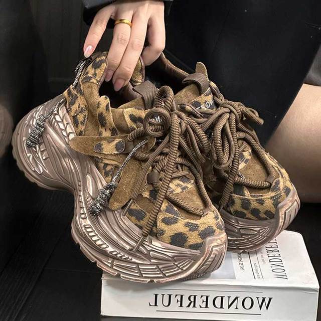 豹纹老爹鞋女2025秋冬新款复古磨砂皮松糕厚底增高休闲百搭运动鞋