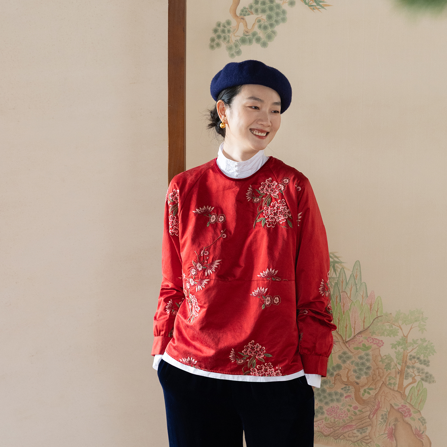 牧衣游原创 丝棉匹绣套头衫红色喜庆氛围中式复古宽松上衣 花未眠