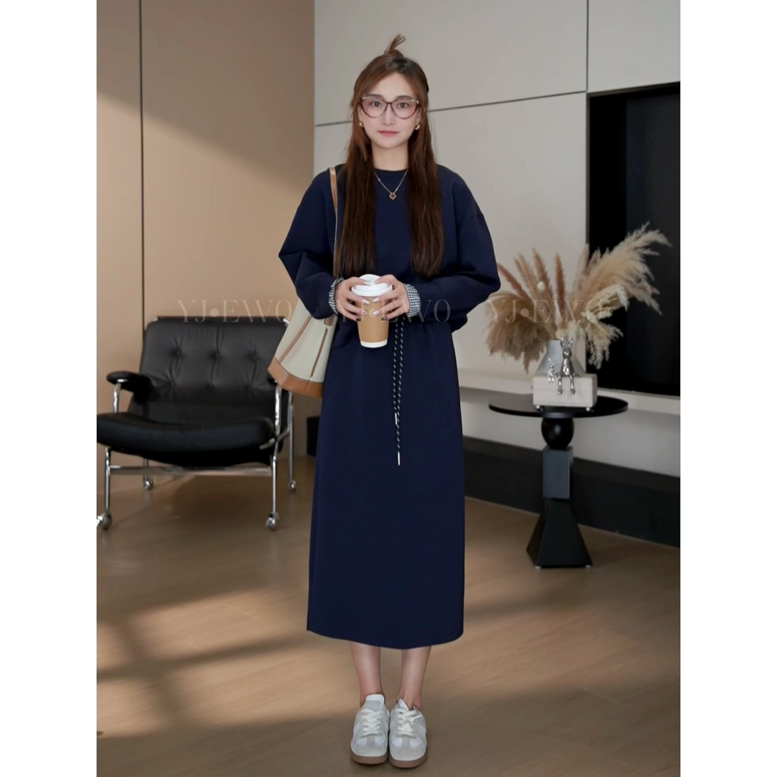 （现货）春季高腰休闲百搭韩版松紧腰抽绳卫衣+裙子-7039